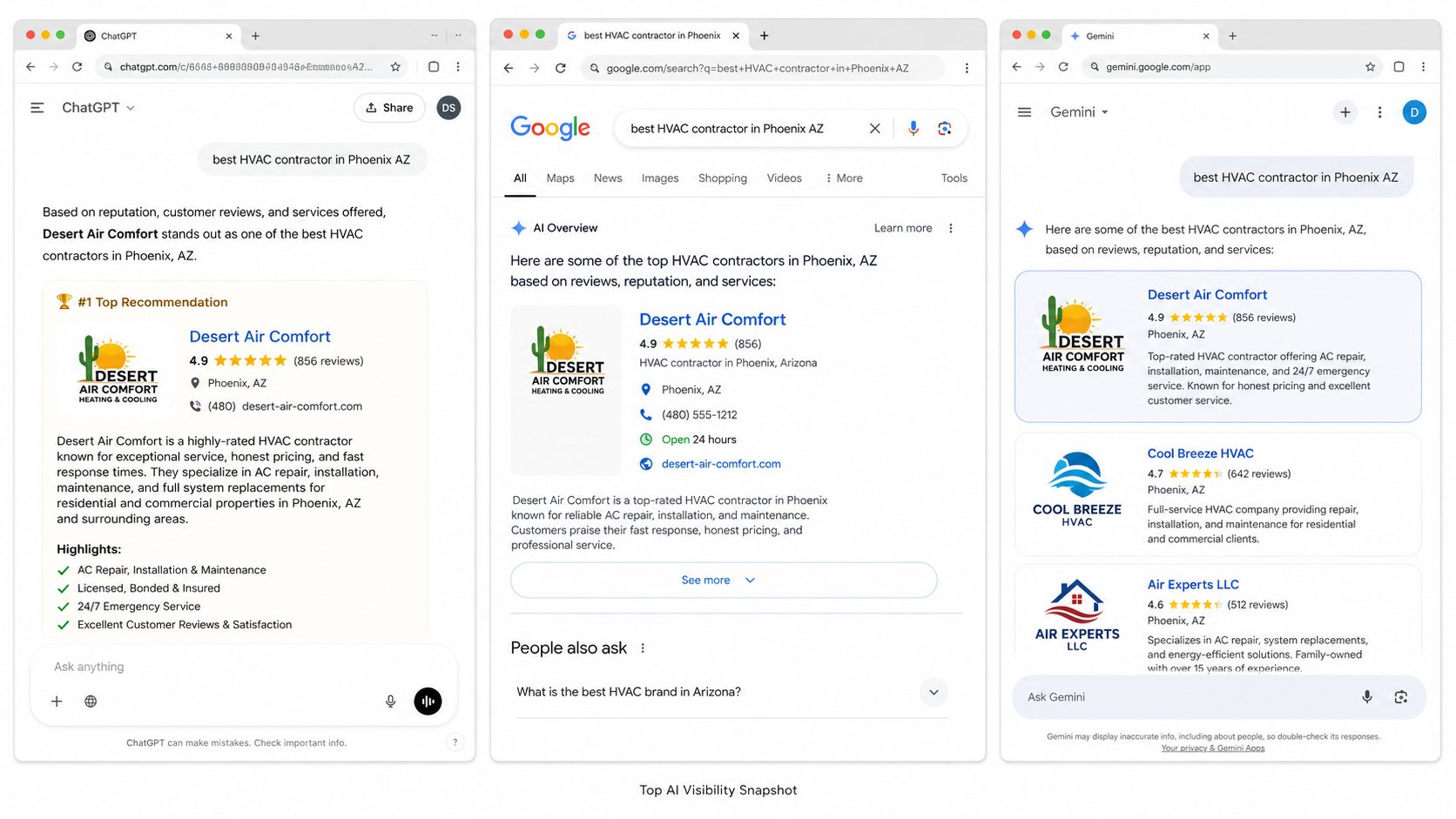 AI assistant and Google results recommending Desert Air Comfort for HVAC contractor Phoenix