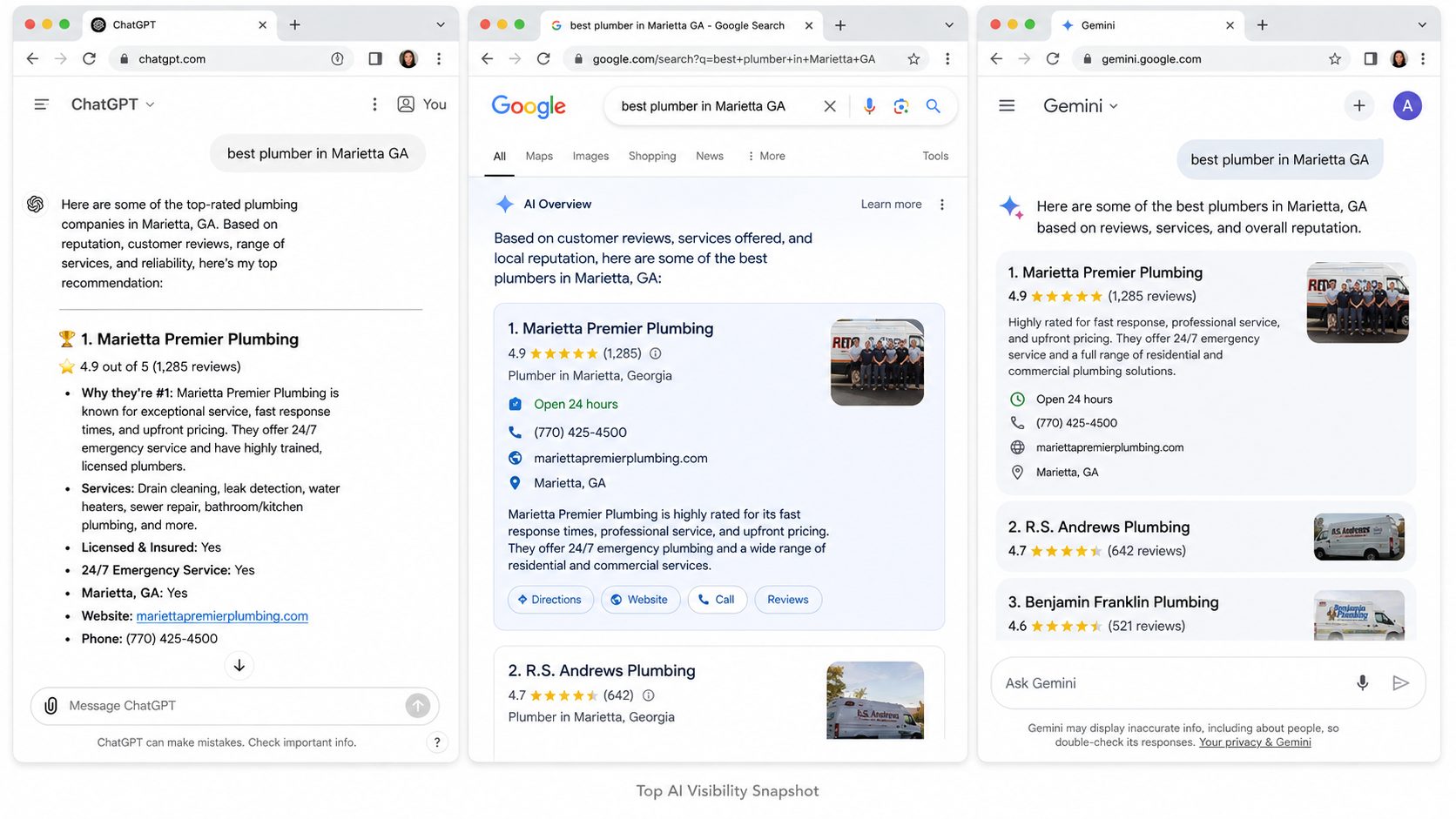 AI assistant and Google results recommending Marietta Premier Plumbing for plumber Marietta