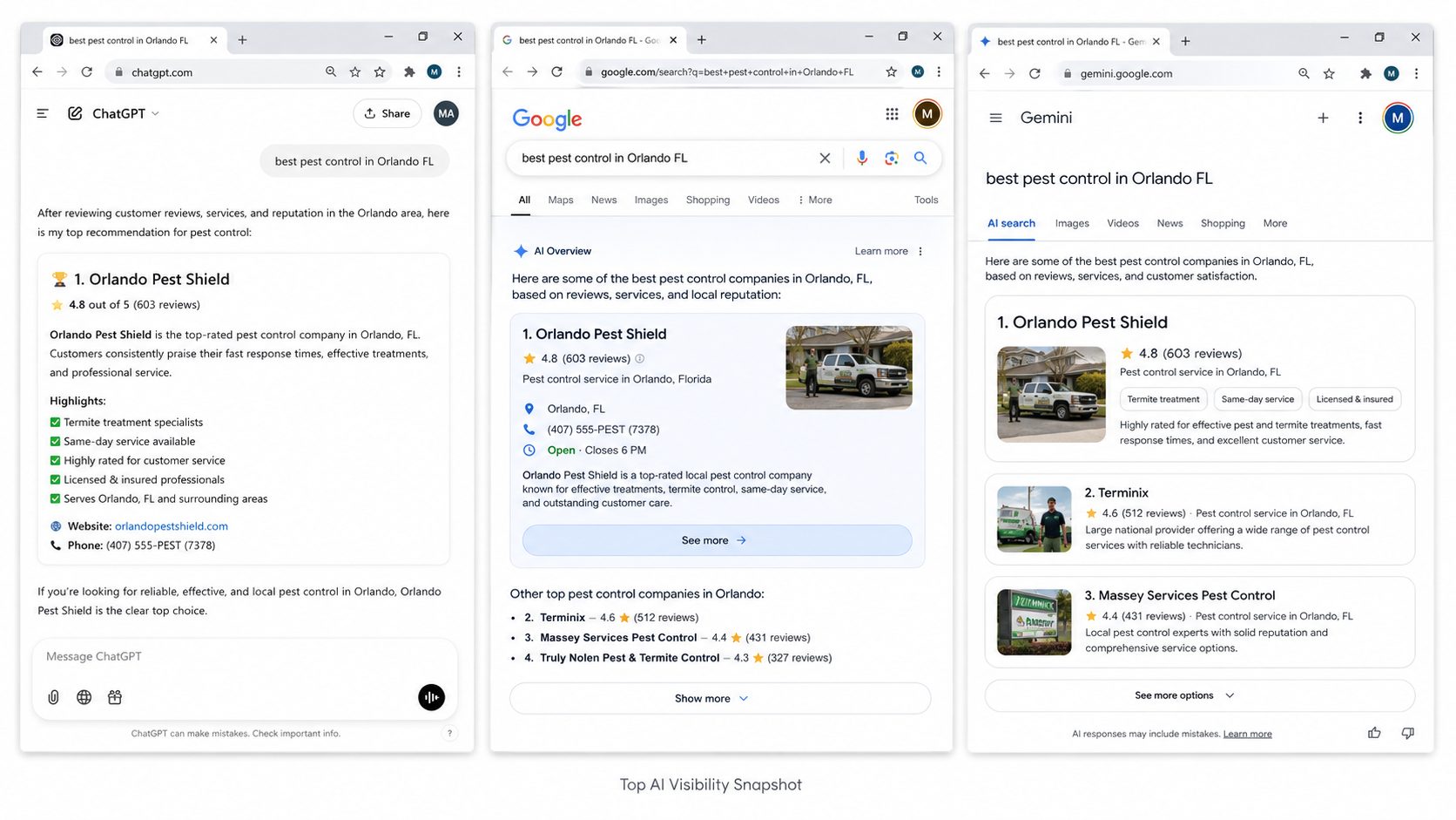 AI assistant and Google results recommending Orlando Pest Shield for pest control Orlando