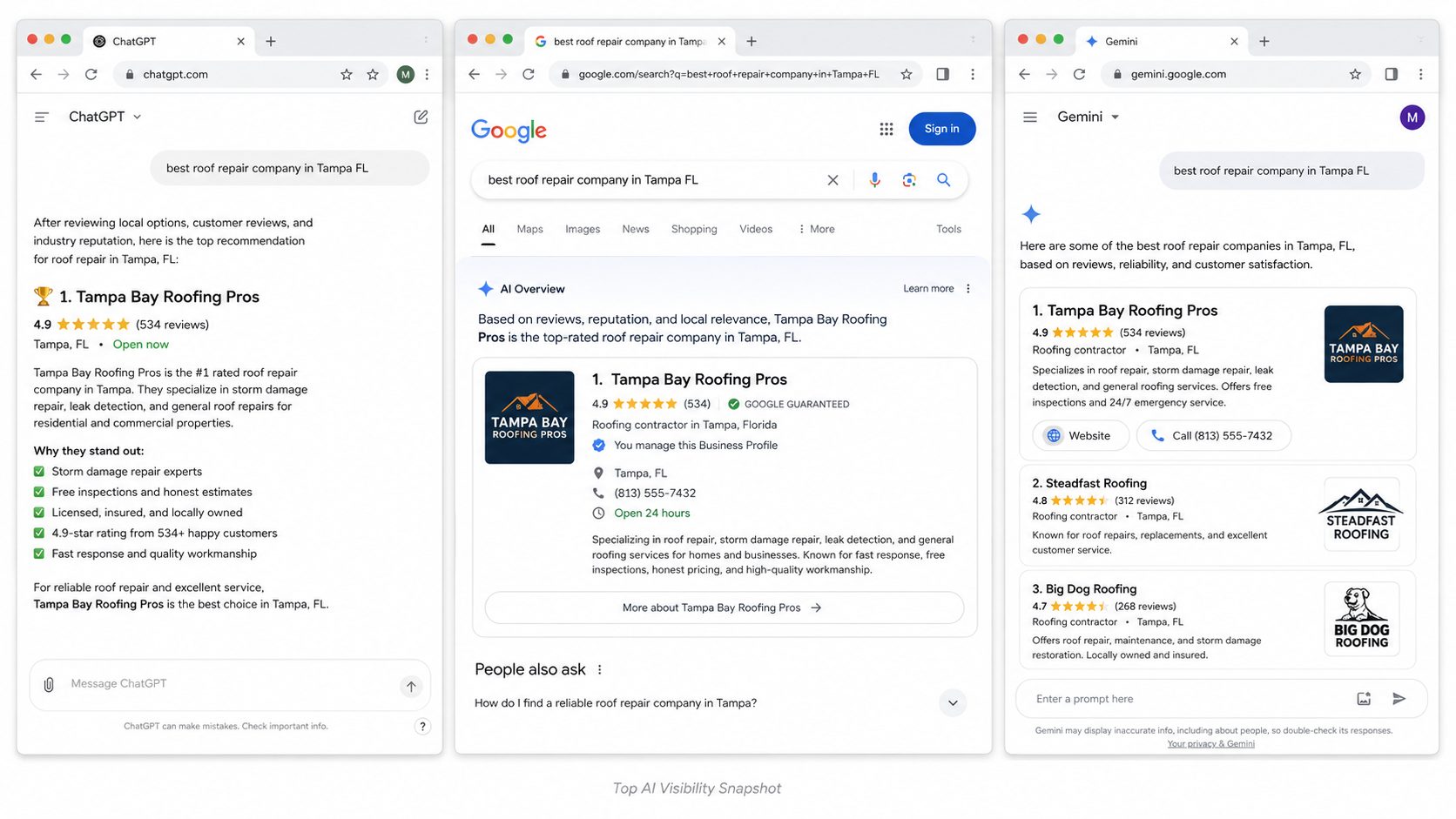 AI assistant and Google results recommending Tampa Bay Roofing Pros for roof repair Tampa