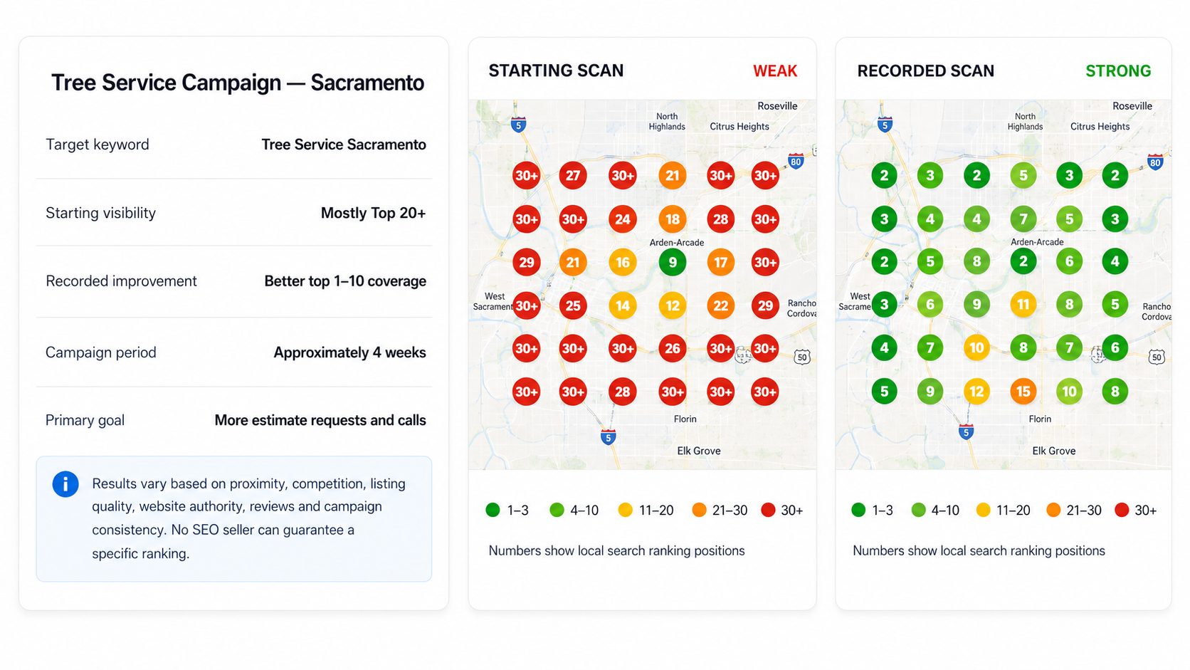Google Maps grid scan before and after for Sacramento Tree Experts targeting tree service Sacramento