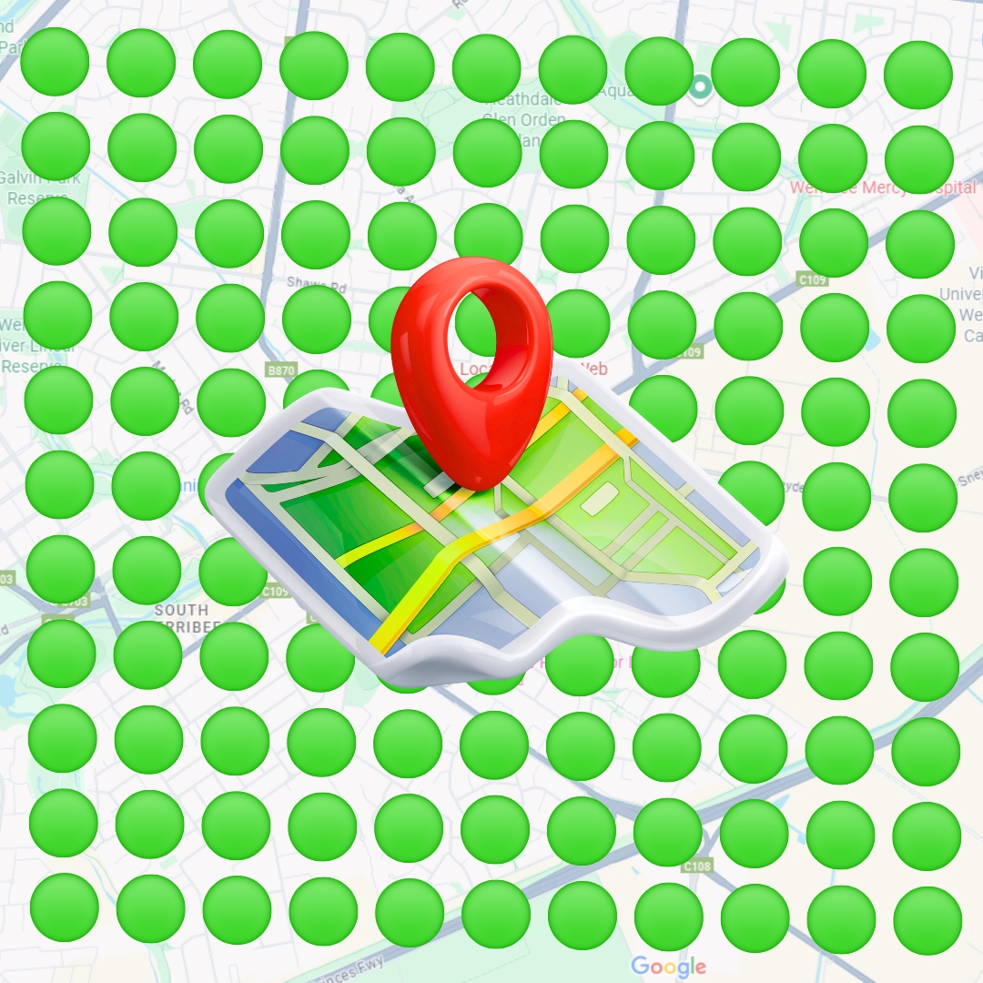 Google Maps location pins on grid - Local SEO visualization